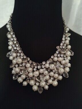 Ann Taylor Pearl Crystal Statement Necklace Silver Tone Bib Necklace Wedding